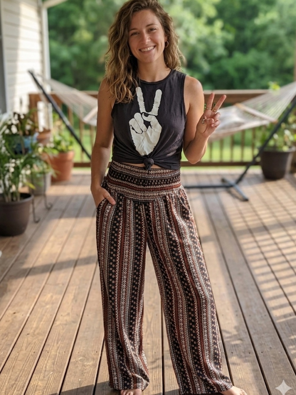Bohemian Wide-Leg Printed Palazzo Pants Black rust NWOT XL BEACH smocked